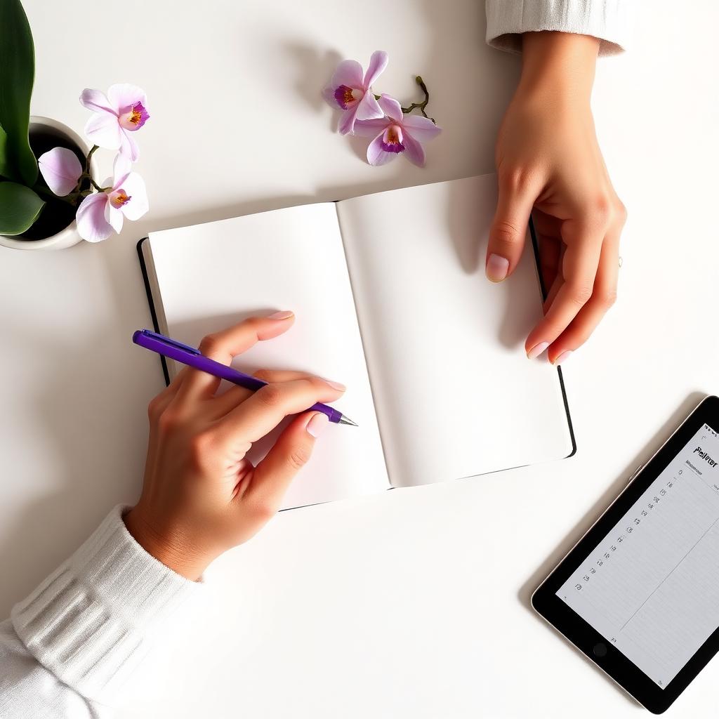 Top-down view of hands writing in an open journal next to an iPad with a digital planner