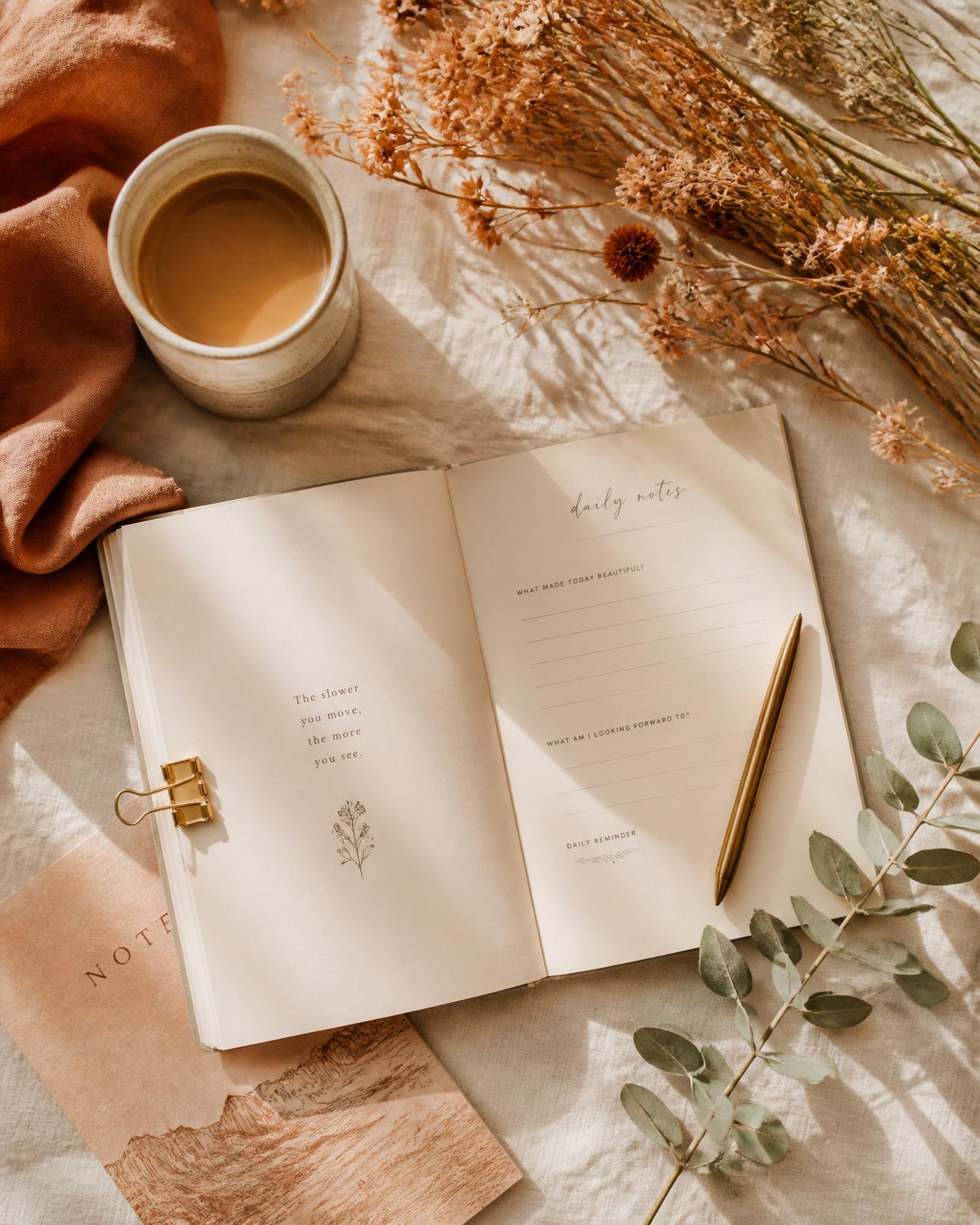 An open Stacked Days journal with coffee, dried wildflowers and eucalyptus on warm linen